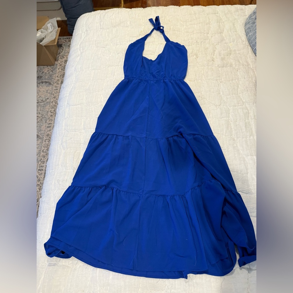 NWT Royal Blue PrettyGarden Midi Dress Tie Neck Flattering Brand New Dress